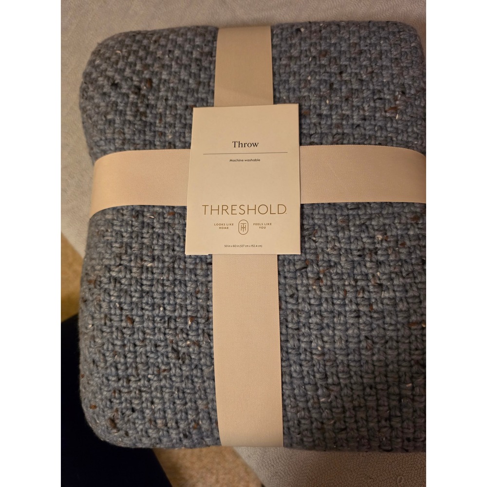 Threshold Blue Marl Knit Throw Blanket 50x60 Chunky Basketweave Flecked New